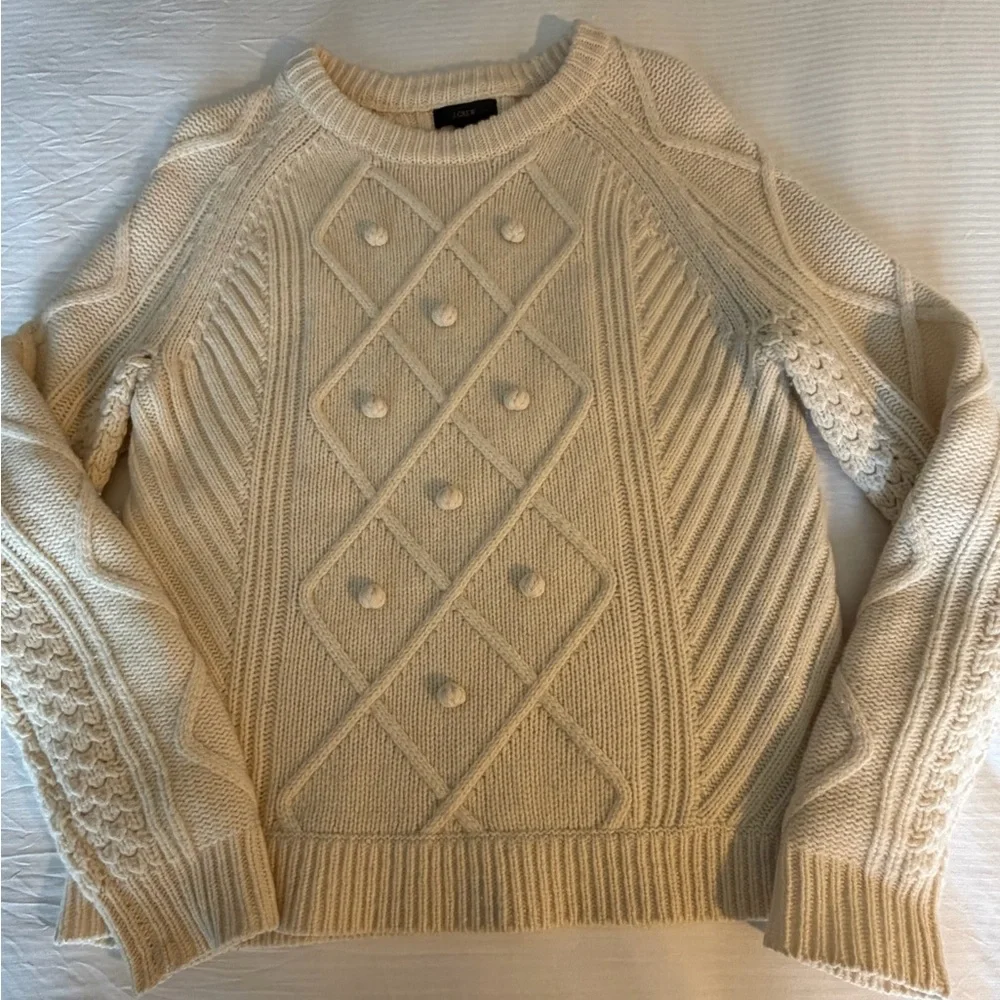 J. Crew Pom Pom Cable Knit Wool Sweater vintage-inspired chunky diamond beige SM